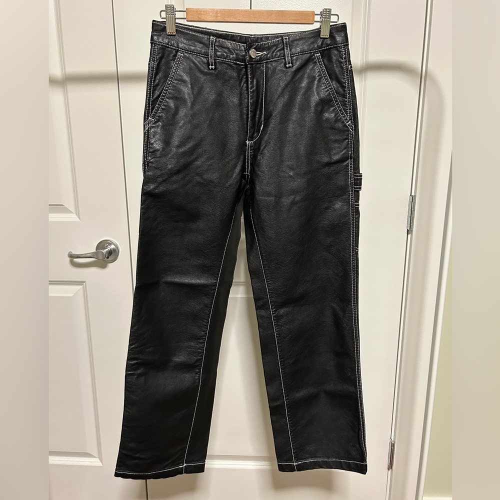 BDG Black Leather "High Rise Carpenter" Pants with Contrast White Stitching